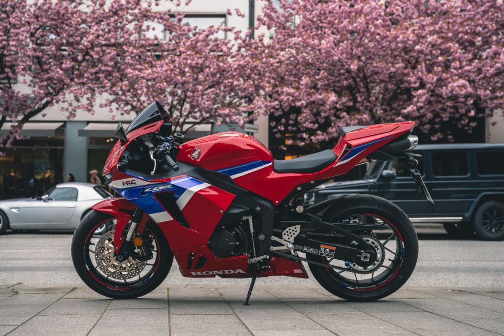 Honda CBR vor Kirschblüten beim Motorradshooting in Hamburg